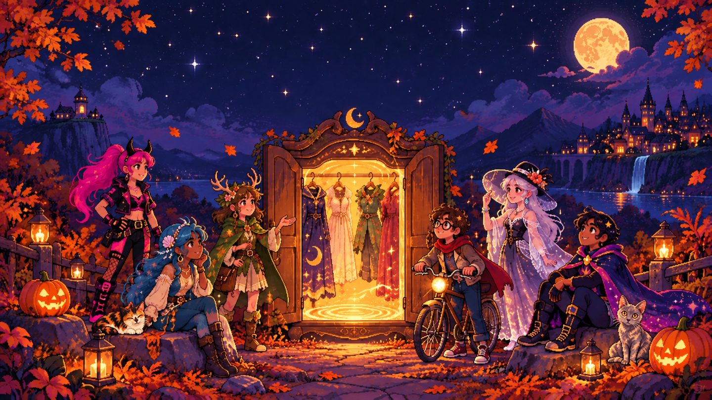 Six original illustrated costume seekers and two hidden cat mascots gathered around a glowing wardrobe