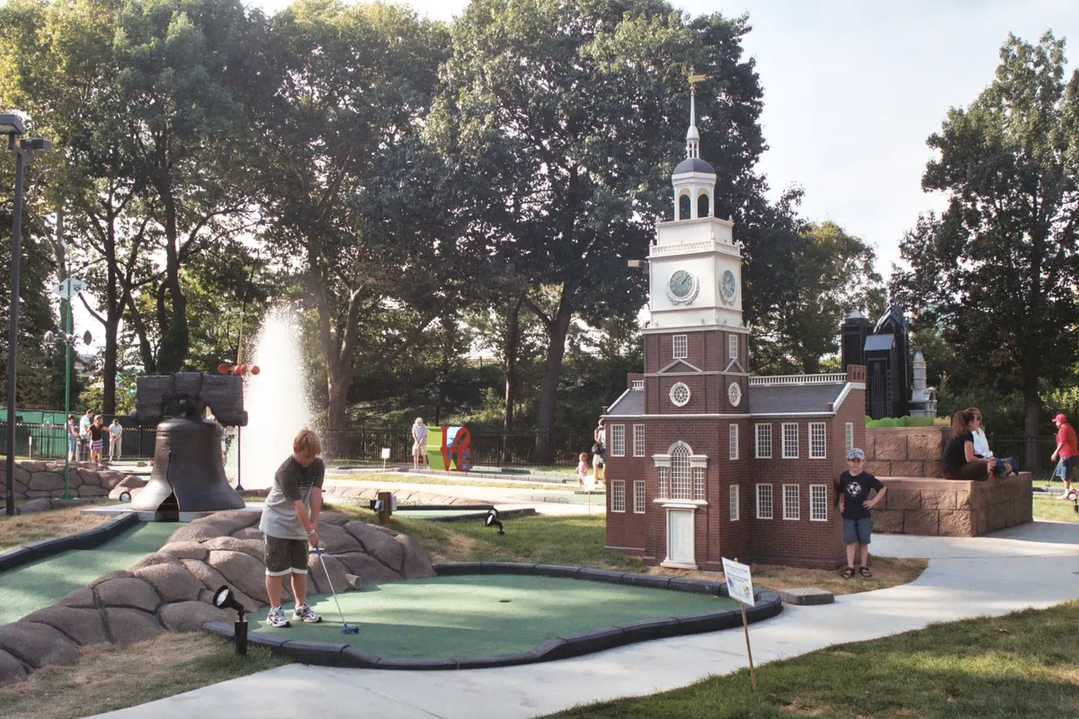 Landmark-themed miniature golf at Franklin Square in Philadelphia