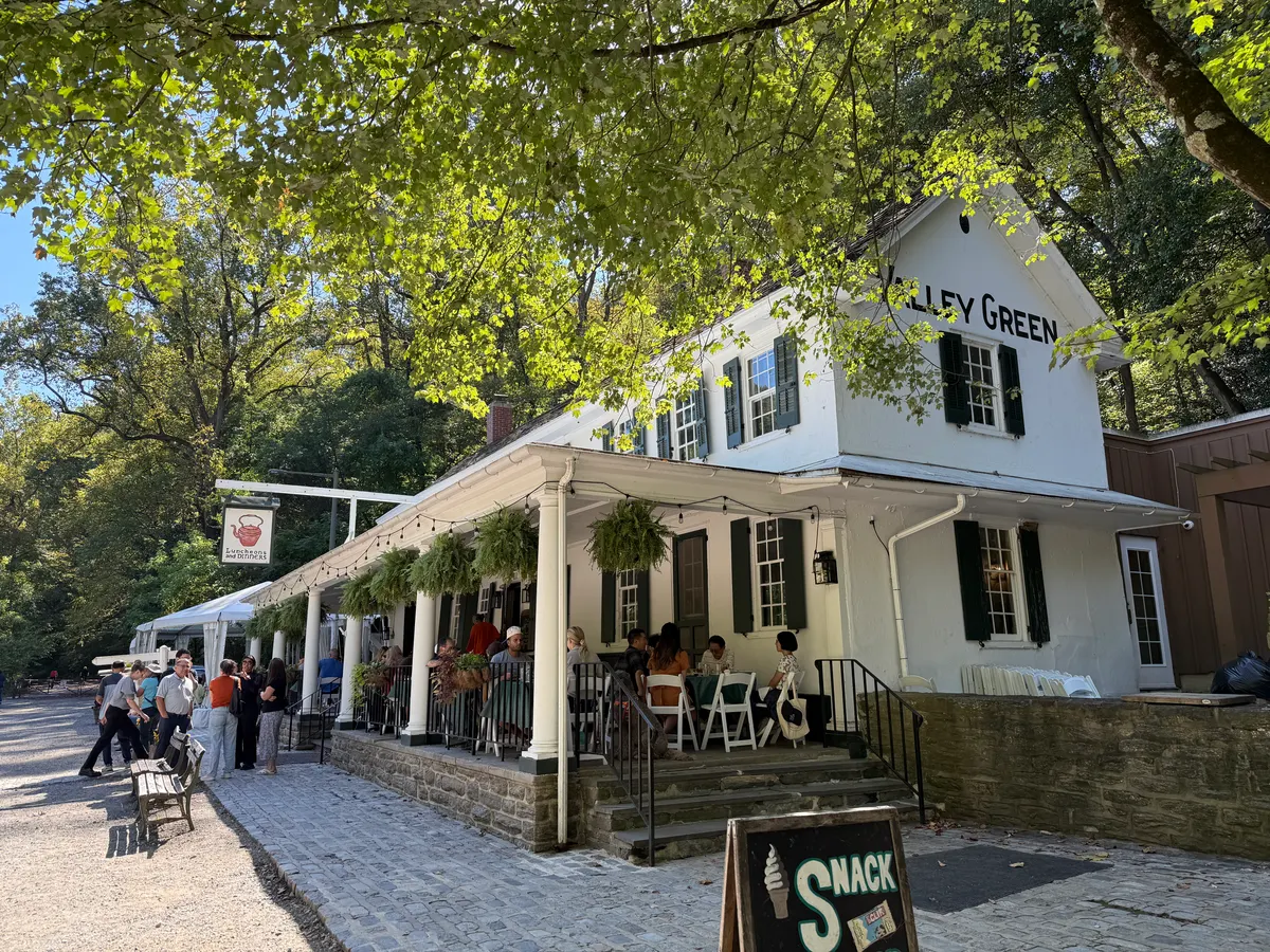 Valley Green Inn and the gravel Forbidden Drive corridor in Wissahickon Valley Park