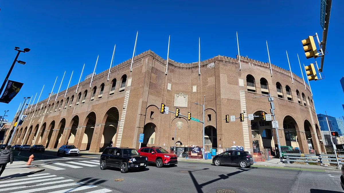 The brick exterior of Franklin Field viewed from South Street and Convention Avenue
