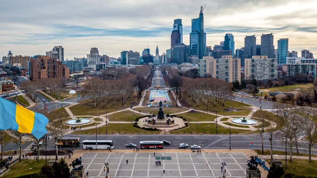 The Benjamin Franklin Parkway and Philadelphia skyline seen from the Art Museum steps