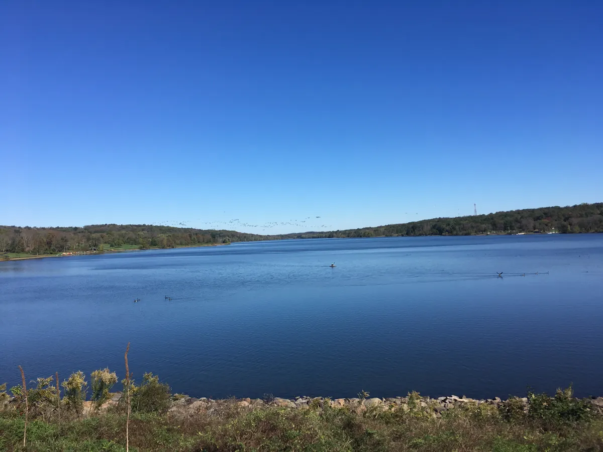 Lake Galena and its wooded shoreline seen from the dam in Peace Valley Park